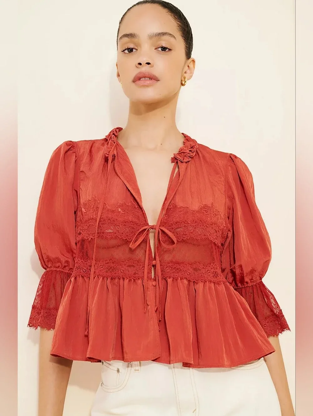 Free People Intimately Forever Young Bed Jacket Lace Peplum Blouse XS Boho
